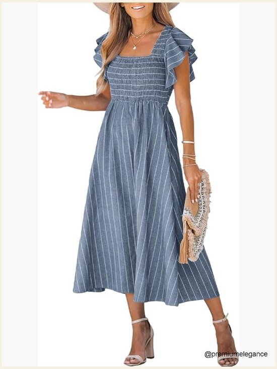 Dresses & Skirts - Striped Smocked Maxi Dress with Ruffled Sleeves, Square Neck, A-Line